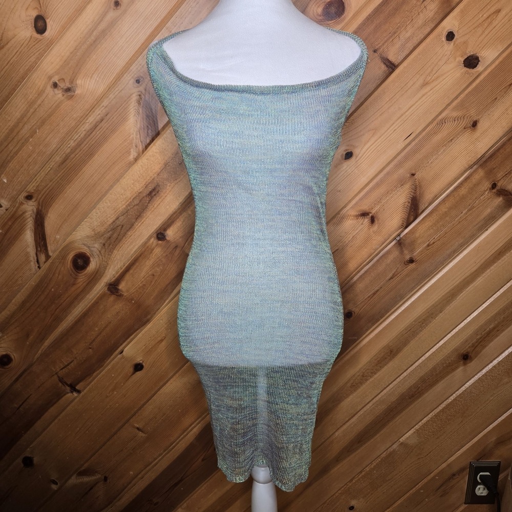 Windsor Green Blue Halter Dress Mesh Sheer Metallic Small Rave Party